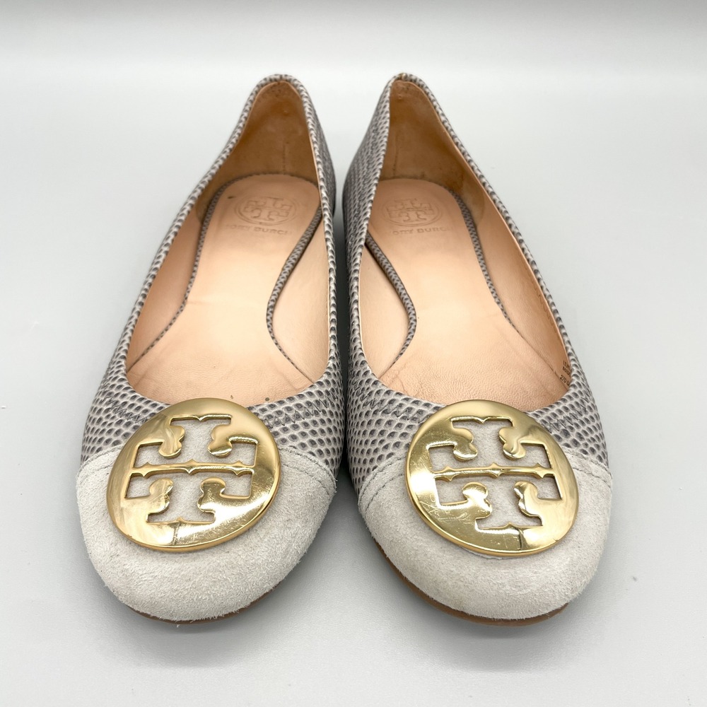 Tory Burch Serena Womens 7M Grey Snake Print Leather Ballet Flats Logo Preppy - Picture 4 of 12